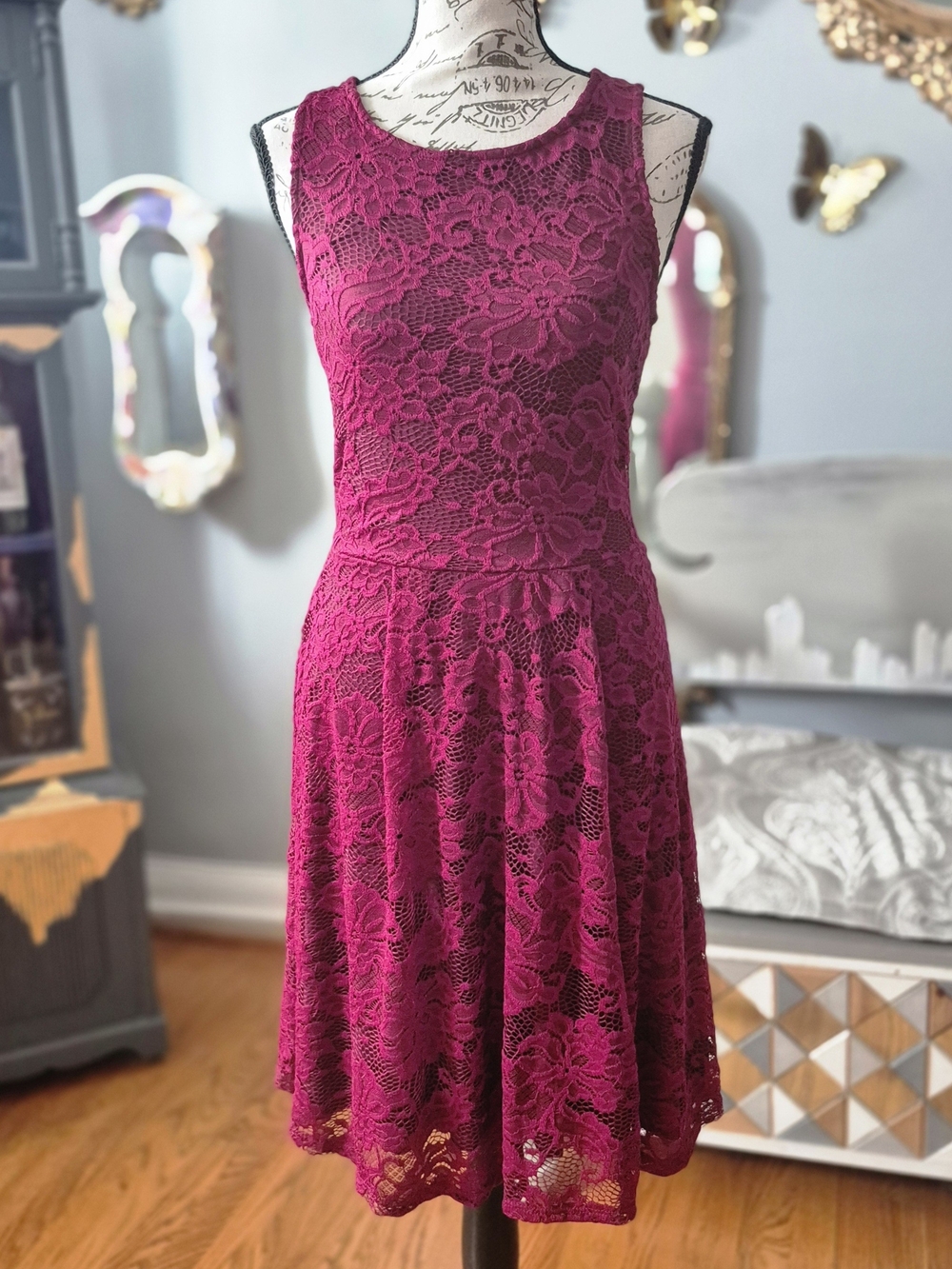 NWT Papermoon Barbiecore Burgundy Sleeveless Lace Dress Small